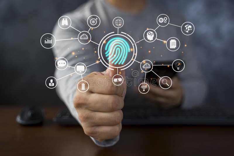 Analiza amprentelor digitale ale oamenilor de afaceri și procesarea autentificării biometrice a datelor biometrice pentru accesul royalty free stock image
