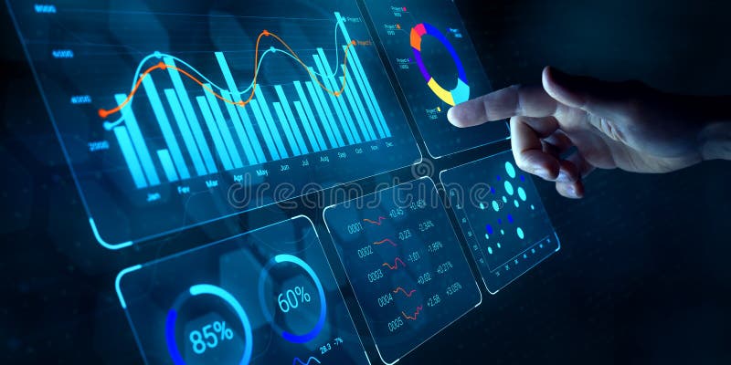 Analiza de date care lucrează la tabloul de bord al analizei de afaceri, cu indicatori de diagrame și kpi pentru a analiza perform stock photography