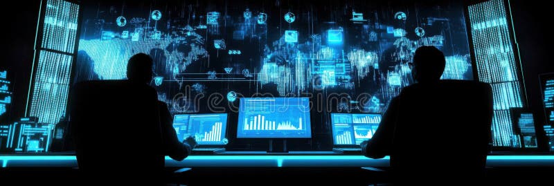 Analiștii monitorizează fluxul de date și securitatea rețelei în camera întunecată cu neon Light. Analiștii monitorizează fluxul de date și securitatea rețelei în camera întunecată cu perspectiva de fundal dinamică Neon Light