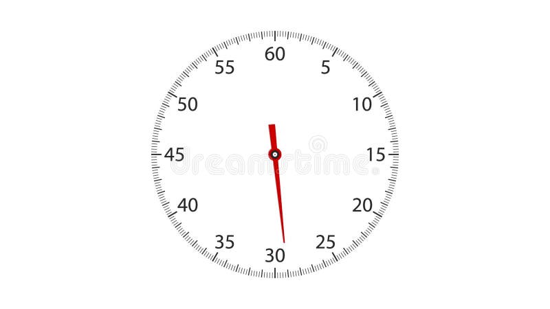 Analog clock face with a rotating red pointer. Forward counting sequence from 0 to 60 seconds. stock illustration