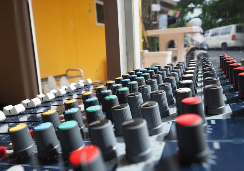 Analog equalizer for sound mixer with round button and line button stock photos