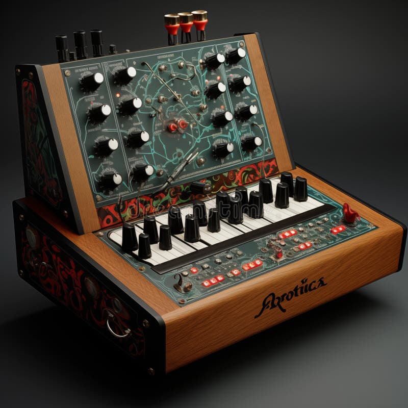 Analog synthesizer with knobs on table