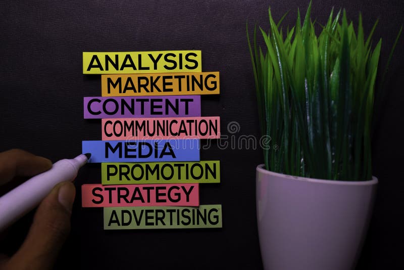 Analysis, Marketing, Content, Communication, Media, Promotion, Strategy, Advertising text on sticky notes isolated on Black desk. stock images Analysis, Marketing, Content, Communication, Media, Promotion, Strategy, Advertising text on sticky notes isolated on Black desk. stock images