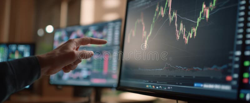 The analyst pointing at data trends on multiple monitors in a modern office. AI generated image.