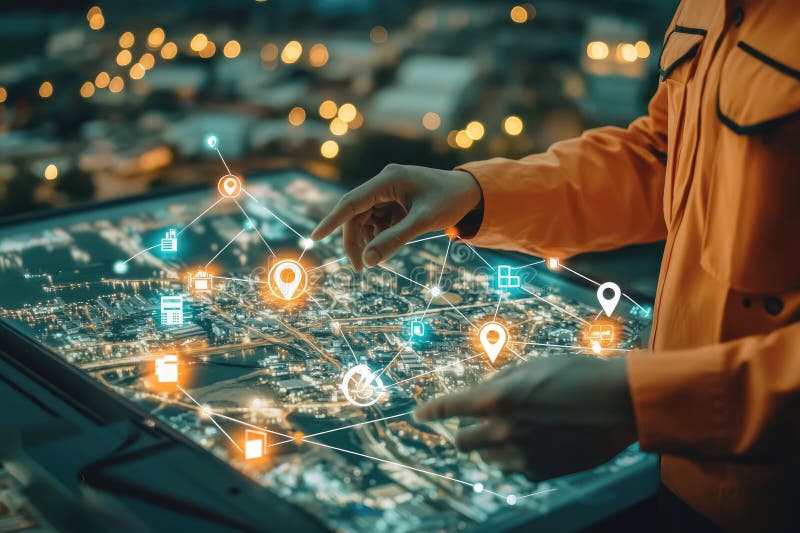 Analyst Pointing at Digital Map in Urban Setting royalty free stock images