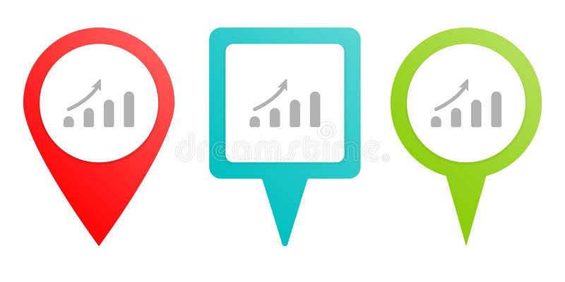 Analytics, bar chart, pin icon. Multicolor pin vector icon, diferent type map and navigation point stock illustration
