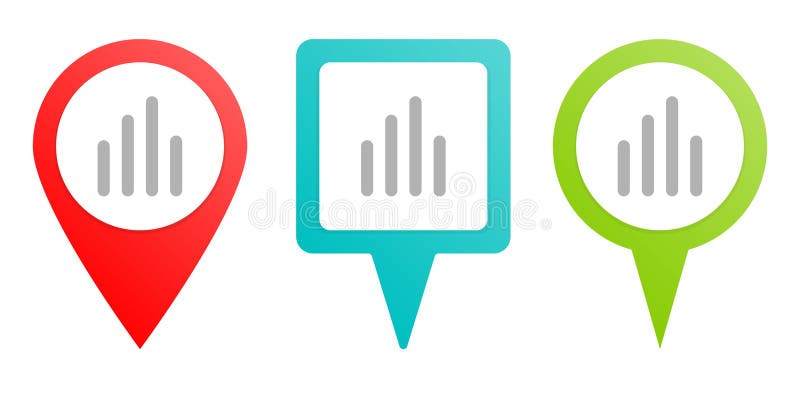 Analytics, bar chart, pin icon. Multicolor pin vector icon, diferent type map and navigation point royalty free illustration