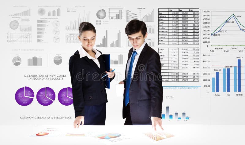 Businessman and businesswoman analyzing data information of market. Businessman and businesswoman analyzing data information of market