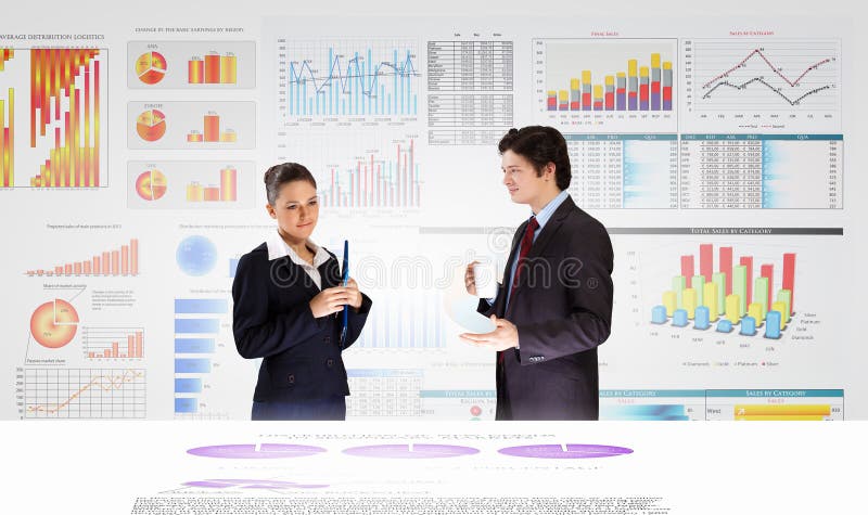 Businessman and businesswoman analyzing data information of market. Businessman and businesswoman analyzing data information of market