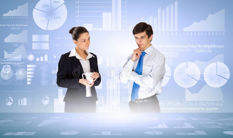 Businessman and businesswoman analyzing data information of market. Businessman and businesswoman analyzing data information of market