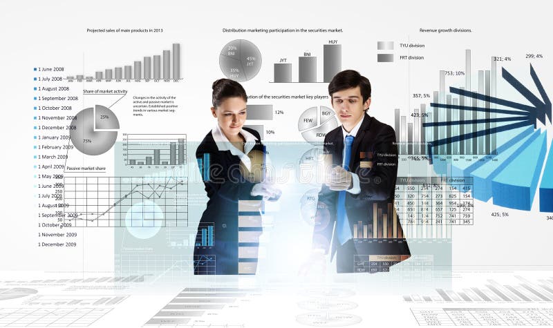 Businessman and businesswoman analyzing data information of market. Businessman and businesswoman analyzing data information of market