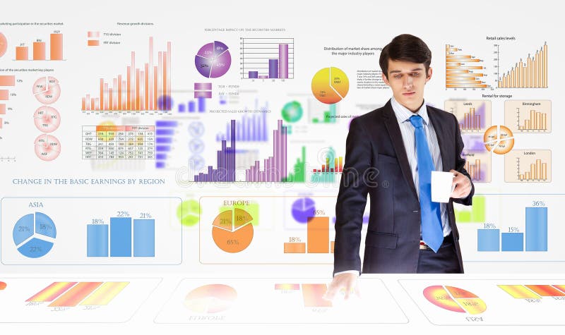 Young businessman analyzing data information of market. Young businessman analyzing data information of market