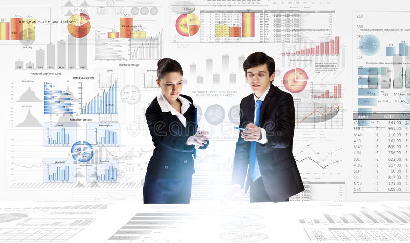 Businessman and businesswoman analyzing data information of market. Businessman and businesswoman analyzing data information of market