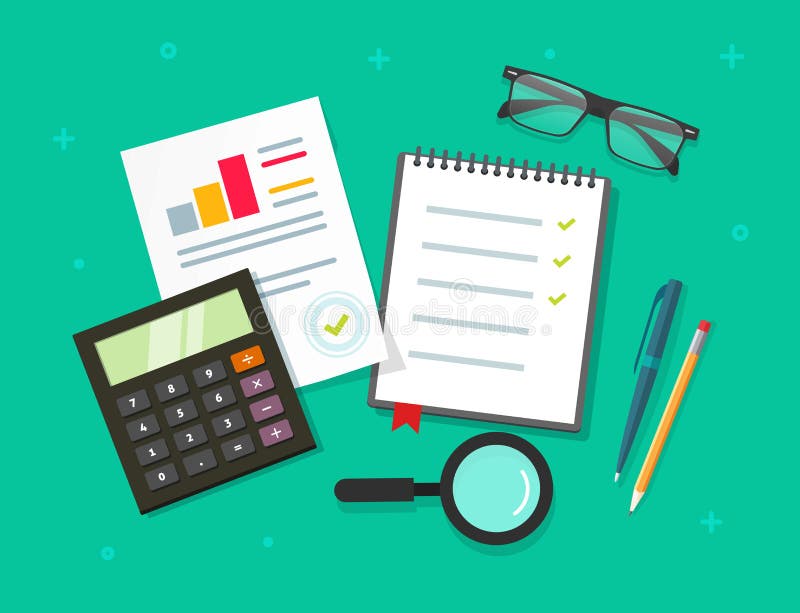 Analytics planning things data on table top view, audit evaluation process, financial research report with graphs royalty free illustration Analytics planning things data on table top view, audit evaluation process, financial research report with graphs royalty free illustration