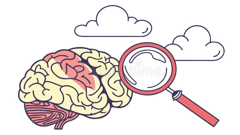 Analyzing the brain concept with a magnifying glass and clouds. vector design Generative AI vector illustration