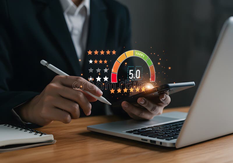 Customer experience rating online review feedback survey satisfaction score five stars reputation vector illustration