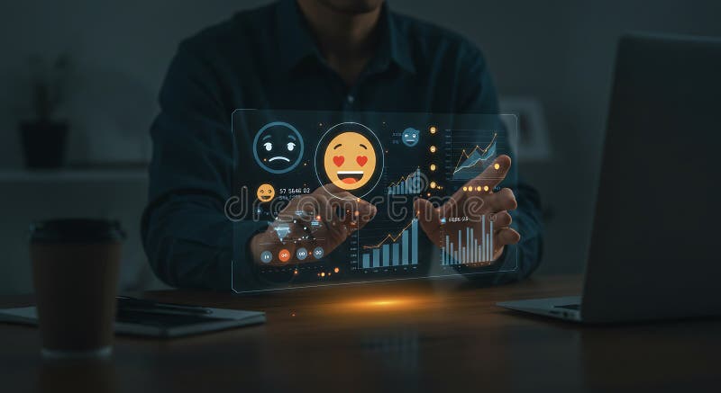 Analyzing Customer Sentiment and Data Trends with Interactive Digital Interface royalty free illustration