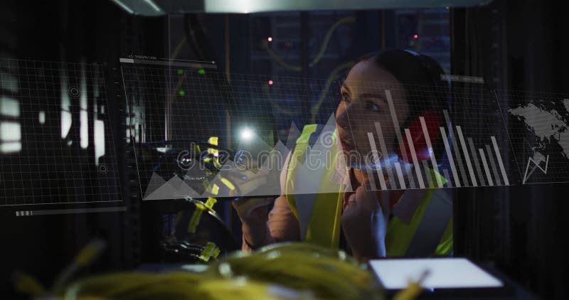 Analyzing data charts animation over technician working in server room stock video footage