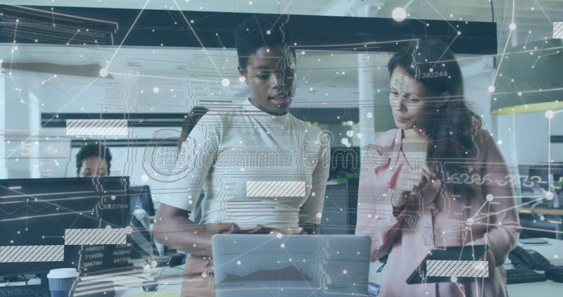 Analyzing data on laptop and tablet, businesswomen with network connections image stock images
