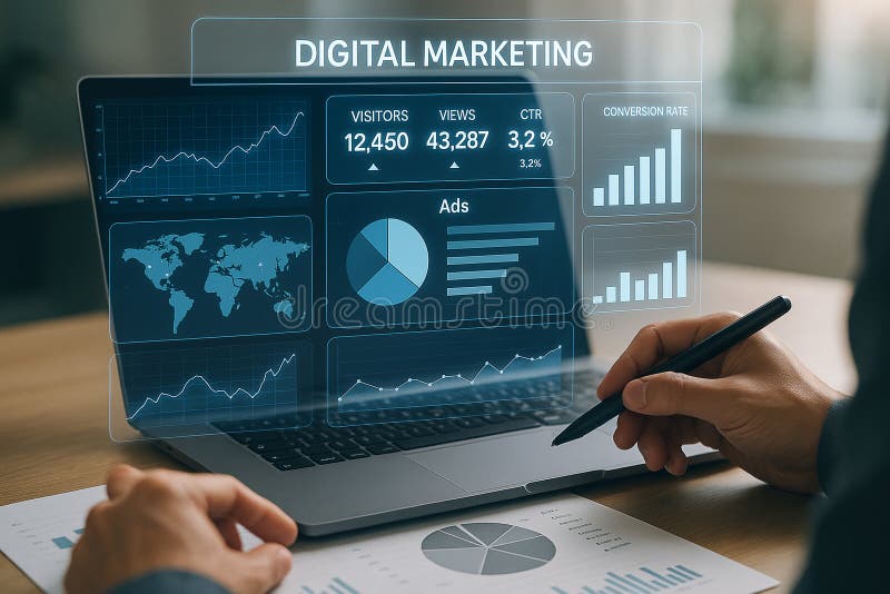 Digital Marketing Analytics Dashboard on Laptop for Business Growth and Data Driven Strategy Analysis Stock Illustration - Illustration of business, chart: 391744670