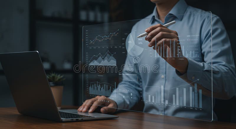 DataDriven Decisions Man Analyzing Interactive Financial Charts on Futuristic Display, Leveraging Analytics for Business Growth royalty free illustration