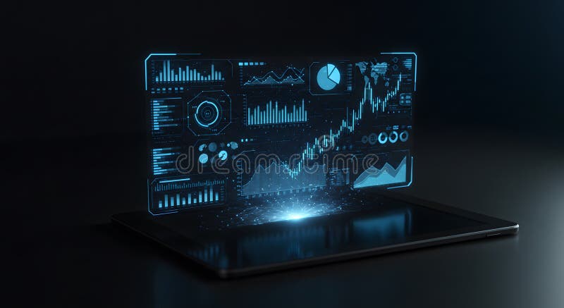 Analyzing Financial Data Visualization Showing Growth Trend on Digital Tablet stock illustration