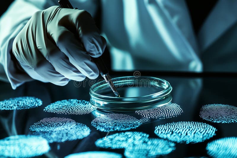 A detailed closeup view showing an expert meticulously examining fingerprints using a magnifying glass for analysis. Generative AI. Protocol analyzer stock images, royalty-free photos and pictures