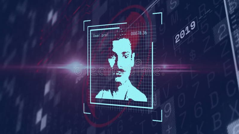 Analyzing profile with animation, digital face recognition technology over data background royalty free illustration