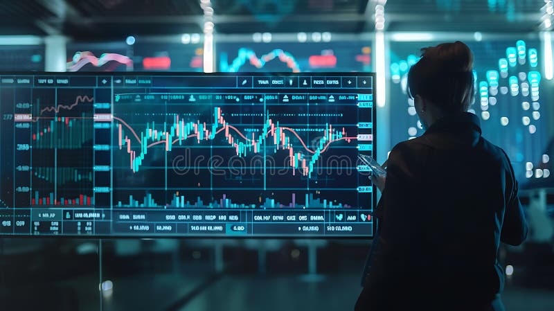 Businesswoman analyzing stock market data on computer screen. Double exposure. stock illustration