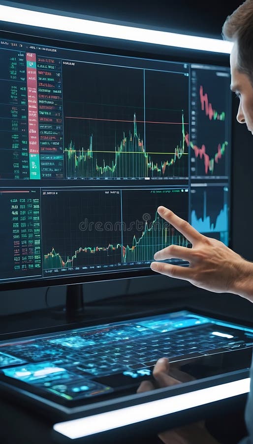 Analyzing Stock Market Data Man Pointing at Screen with Graphs stock illustration