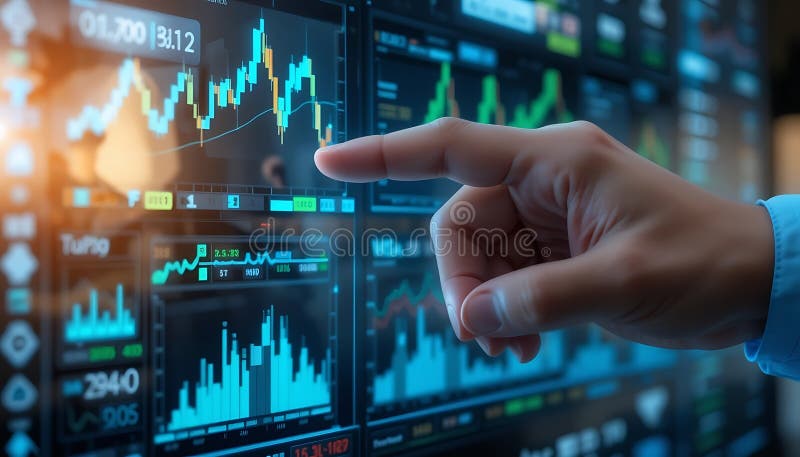 Analyzing Stock Market Data on Screen with Finger Pointing at Graph. Hand points to financial graphs on an illuminated screen displaying stock market data, ideal for business and finance content