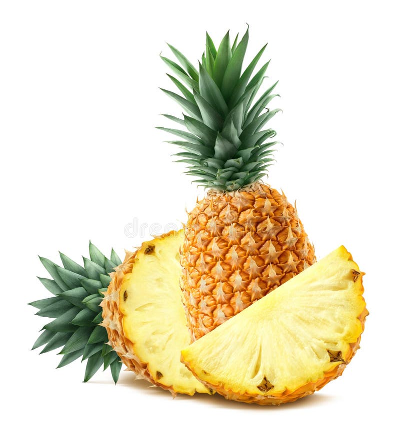 Ananas op de achtergrond en stukken op witte achtergrond stock afbeeldingen