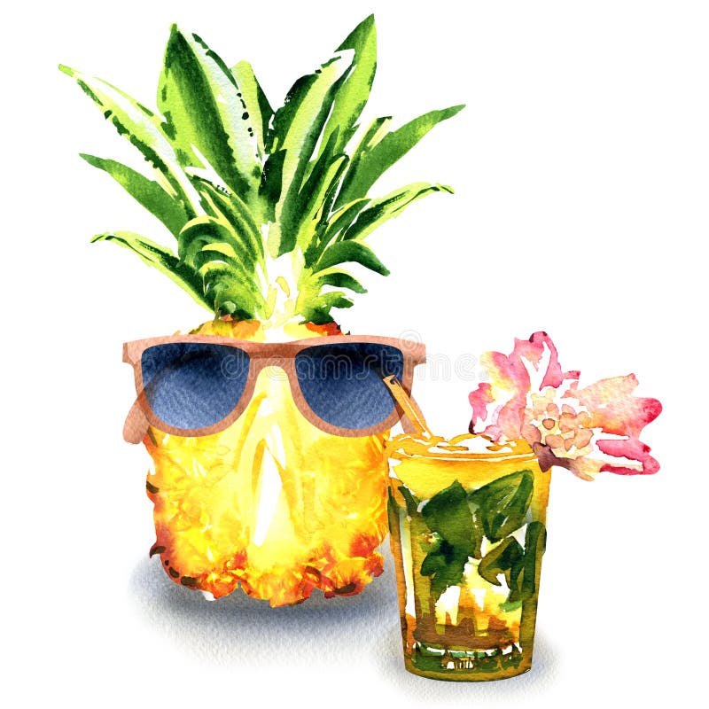 Ananas för ny frukt med solglasögon och mojitococtailen med limefrukt, mintkaramell, rosa blomma i isolerat exponeringsglas, somm vektor illustrationer Ananas för ny frukt med solglasögon och mojitococtailen med limefrukt, mintkaramell, rosa blomma i isolerat exponeringsglas, somm vektor illustrationer