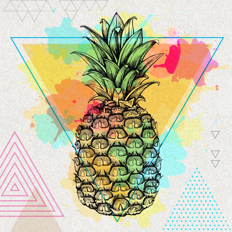 Ananas van het Hipster de realistische tropische fruit op de achtergrond van de driehoekswaterverf royalty-vrije illustratie Ananas van het Hipster de realistische tropische fruit op de achtergrond van de driehoekswaterverf royalty-vrije illustratie