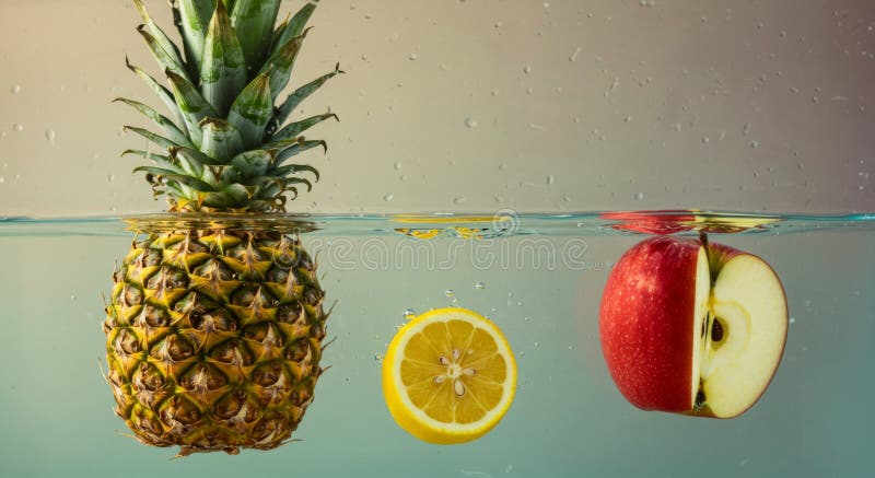 Ananas-Zitronen und Apfelscheiben im Wasser lizenzfreie abbildung