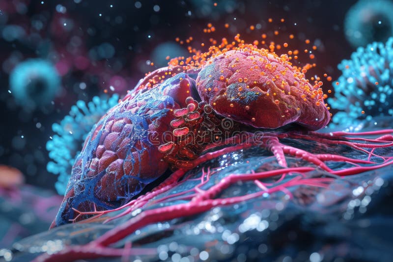 An anatomical illustration of a cancerous tumor in the liver showing its impact on liver function vector illustration