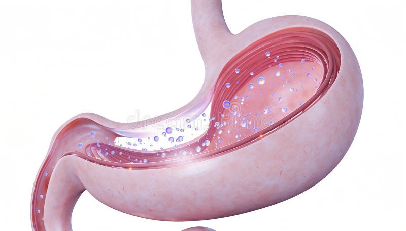 Anatomical Model of a Translucent Pink Stomach with Digestive Bubbles royalty free illustration