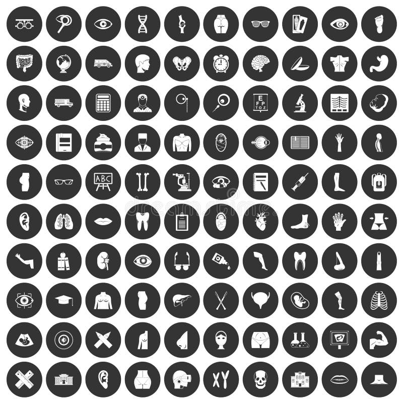 100 anatomiepictogrammen geplaatst zwarte cirkel stock illustratie 100 anatomiepictogrammen geplaatst zwarte cirkel stock illustratie