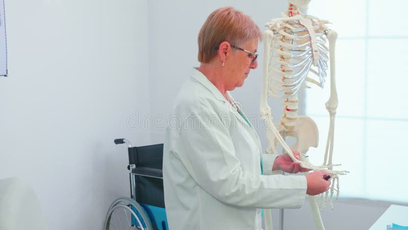 Anatomía de enseñanza de la mujer del médico utilizando el esqueleto humano