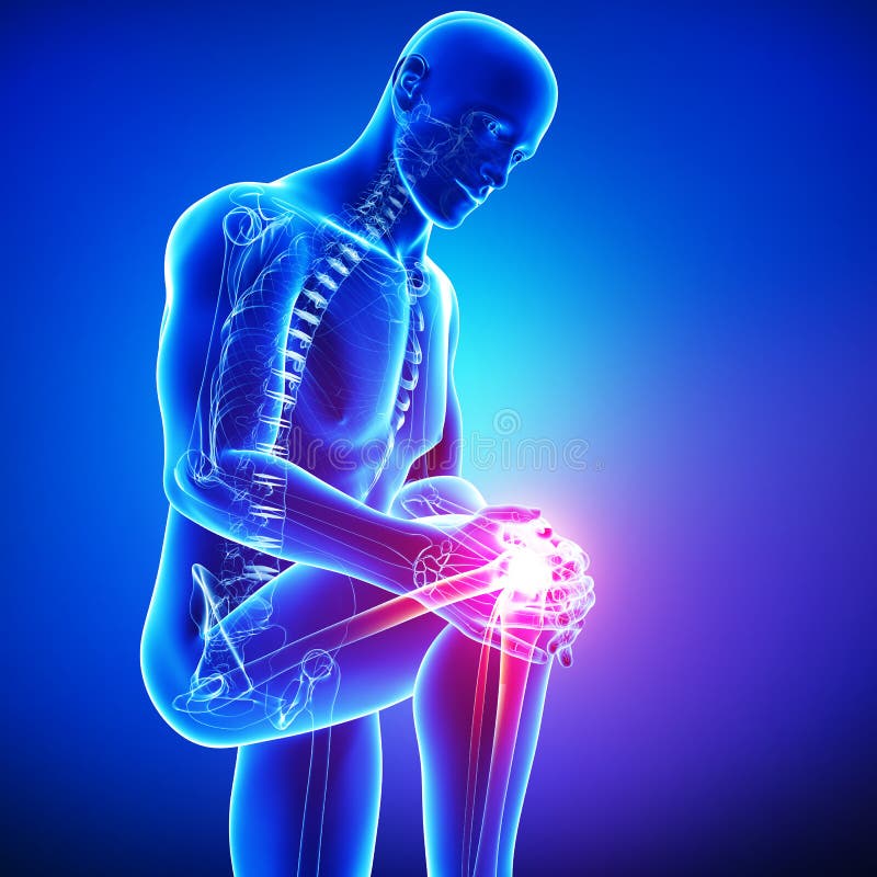 Anatomía del dolor masculino de la rodilla en azul