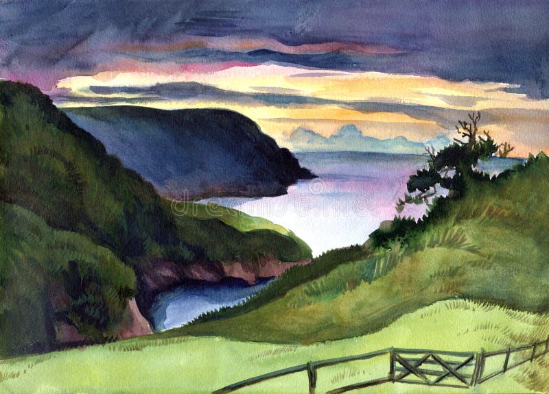 Anche il paesaggio di estate con le colline, il cielo nuvoloso e Bristol Channel, Exeter, Inghilterra illustrazione vettoriale Anche il paesaggio di estate con le colline, il cielo nuvoloso e Bristol Channel, Exeter, Inghilterra illustrazione vettoriale