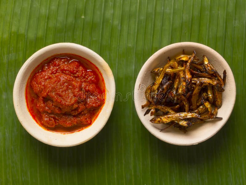 Anchoas fritas y chile sambal fotos de archivo Anchoas fritas y chile sambal fotos de archivo