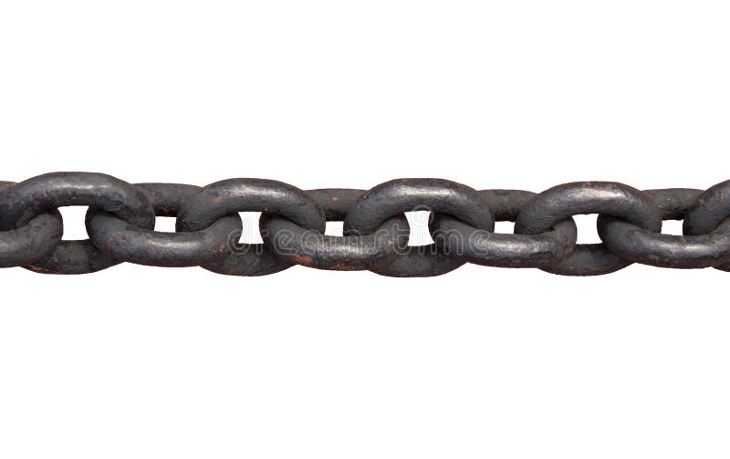 Anchor chain links on a white background. Black metal, reliable ship cable