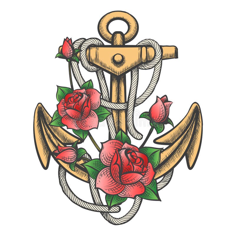 Anchor with Rose Flowers stock illustration. Illustration of flower -  112911286