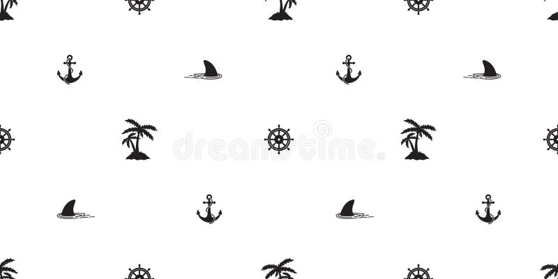 Anchor shark seamless pattern vector helm boat coconut palm tree island nautical sea ocean isolated tropical wallpaper background