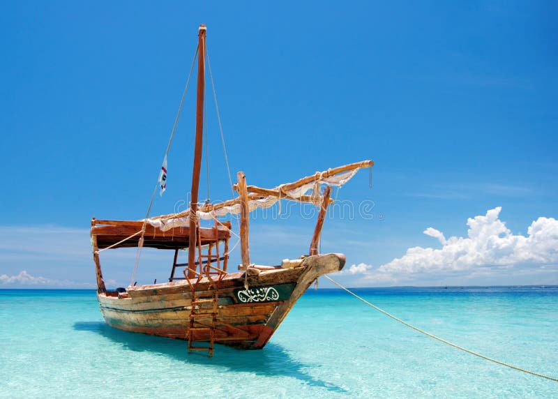 Anchored wooden dhow boat