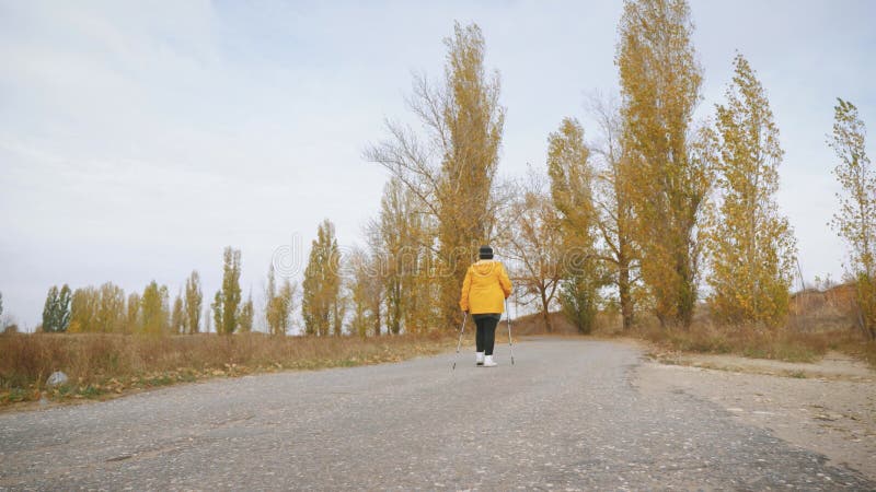 Anciana haciendo caminata nórdica en el bosque de otoño. carrera de senderismo nórdico en el camino del otoño. jubilados sanos