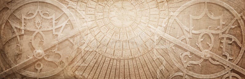 Ancient astronomical instruments on vintage paper background. Abstract old conceptual background on history, mysticism, astrology