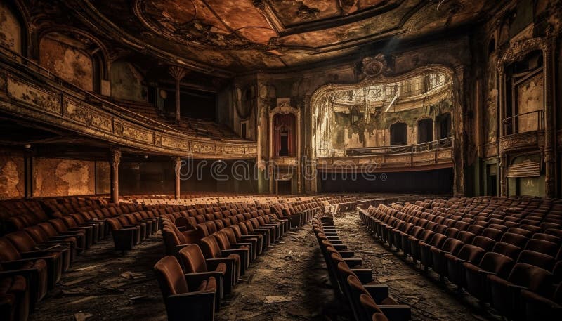 Ancient auditorium, empty stage, old chair, illuminated by history generated by AI