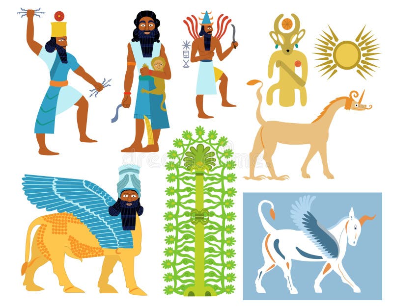 Ancient Babylonian gods, creatures and symbols. A set of 9 Ancient Babylonian gods illustrations including tree of life, creatures and symbols stock illustration